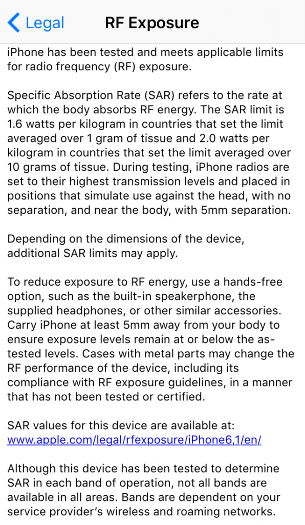 The warning about RF exposure found on an iPhone 5s.